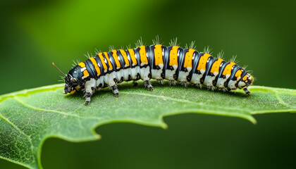 Monarch crawls on green leaf with black yellow stripes. Insect eats leaf in natural forest setting