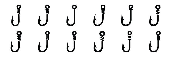 Collection of Silhouette fishing hook icon set isolated on transparent background. Vector illustration set.