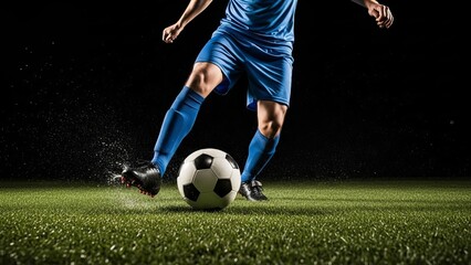 A soccer player in mid-action, kicking a white ball with blue stripes across a lush green field under a dark sky