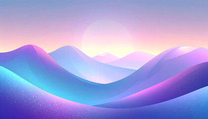 Minimalist flat vector illustration of rolling hills, layered undulating curves Ethereal landscape with rolling purple and blue fog 