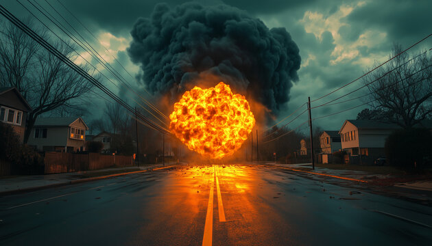 Massive explosion erupts on suburban street, sending huge fire, smoke plume into sky. Residential neighborhood impacted by devastating