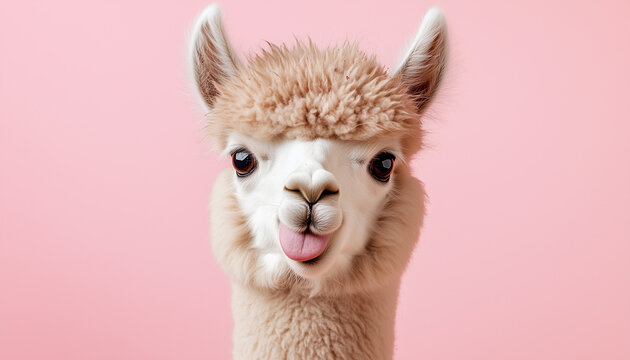 Cute alpaca face with tongue sticking out on pink backdrop. This fluffy South American camelid looks funny and playful