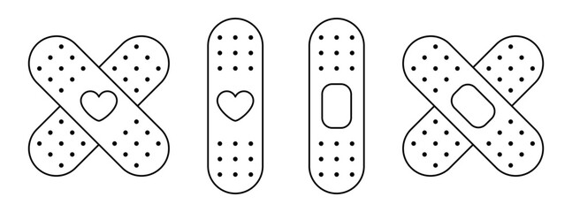 Medical bandage icons set with heart and patch symbols representing healing, care and emotional support. Minimalist line illustration concept for therapy, health care, recovery and compassion
