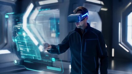 Man using virtual reality headset to interact with holographic display in futuristic setting - Powered by Adobe