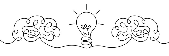 Two human brains connected through light bulb symbolizing reflection, idea exchange and thinking process. Minimalist continuous line art concept for psychology, creativity, insight and mental balance