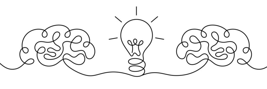 Two human brains connected through light bulb symbolizing reflection, idea exchange and thinking process. Minimalist continuous line art concept for psychology, creativity, insight and mental balance