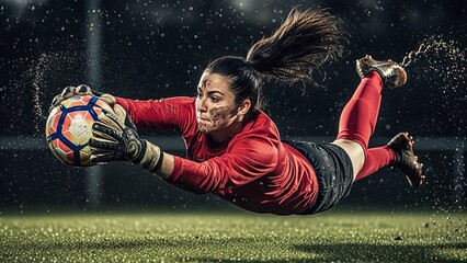 A female soccer goalkeeper in action during a match