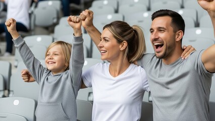 A family of three seated in a stadium, with two adults and a child