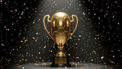 A golden trophy with two handles, standing against a black background speckled with gold confetti