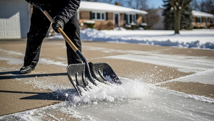 Person with shovel scraping driveway, removing snow and ice from concrete path. Winter maintenance involves diligent work, shovel scraping driveway for home safety. Concept for winter services.