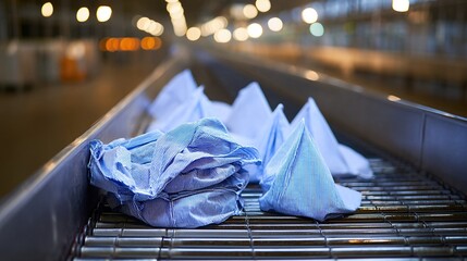 Workers Process Shirts on a Conveyor Belt at a Clothing Supply Chain Facility