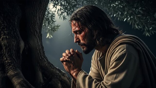 Jesus praying in Gethsemane garden at night, a biblical scene of deep spiritual contemplation, faith, and devotion