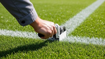 A hand is seen holding a white marker with black cap on a grassy field marked by two white lines running diagonally from top to
