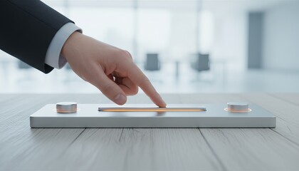 A hand reaching out to touch an electronic device that has two glowing buttons with their lights lit up against a white background