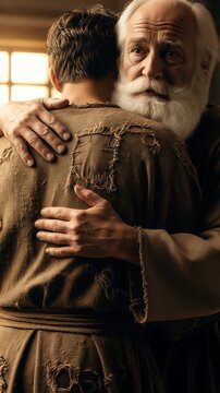The Prodigal Son's return, torn tunic of the son as his elderly Hebrew father named Jacob embraces him, the father's hands are gentle on the son's back, powerful moment of forgiveness and acceptance