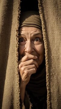 Sarah's hidden laughter, a tight shot of an old Hebrew woman named Sarah peeking from behind a heavy tent flap, a hand covering her mouth to stifle a laugh of disbelief, her eyes crinkling .