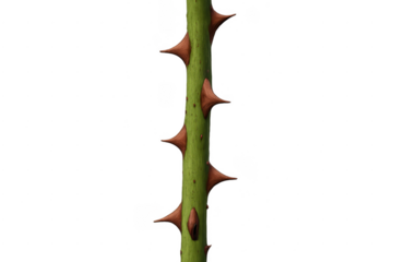 Green rose stem with sharp thorns on transparent background