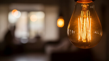 Light bulb hangs in a room with blurred background focus showing soft lighting from other bulbs at evening time