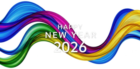 Happy new year 2026 with colorful abstract paint strokes on transparent background