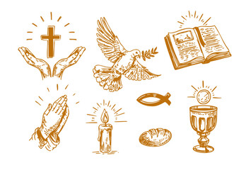 Symbols of the Christian faith, vector hand drawn illustrations