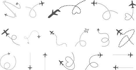Airplane Plane routes line set. Simple airplane travel line path with map pins. Airplane dashed route path. Airplane flight path with destination pin Multiple black airplane silhouettes flying along. © Graphics Things