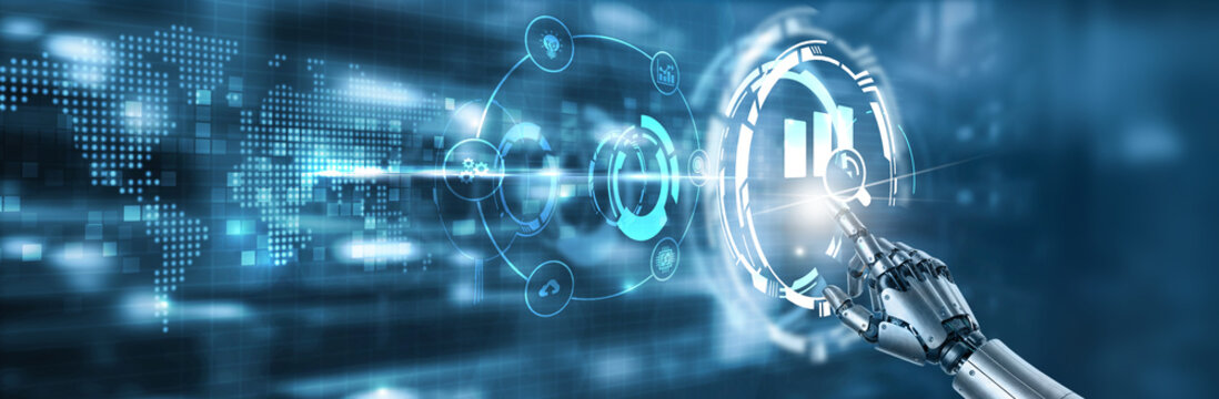 Touching the hand of robot data science, analytics, big data, machine learning, predictive models and digital interface on digital interface. - Powered by Adobe