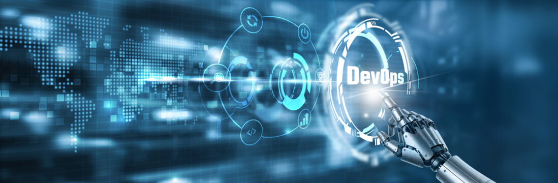 Touching the hand of robot DevOps, continuous integration, continuous delivery, automation, collaboration, software development and digital workflow on digital interface.