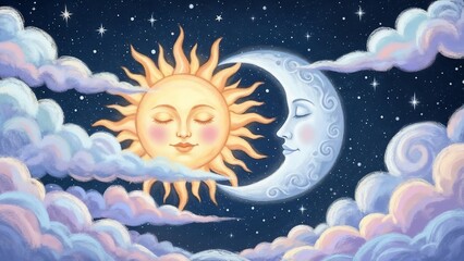 Art depicting a sun and moon in the night sky with clouds and stars surrounding them