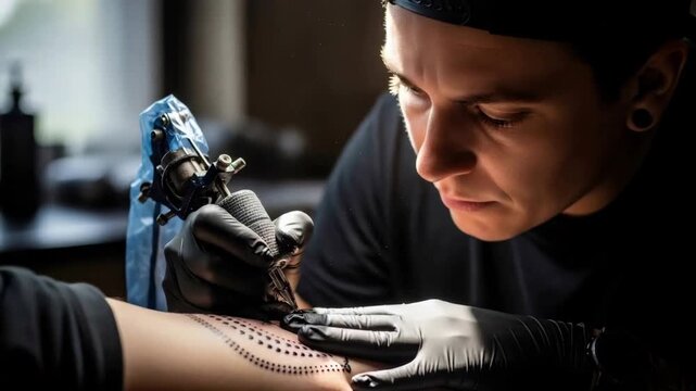 Young man tattoo artist creating dotted line design on arm with machine. Art and body modification concept.