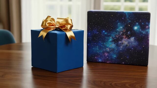 Choosing a gift on a wooden table with a blue box and a colorful wrapped box in a bright room during the day