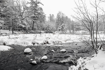 Winter riverscape in park Quebec Canada