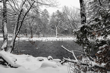 Winter riverscape in park Quebec Canada