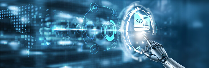 Touching the hand of robot software development, coding, programming, app creation, digital solutions and technology innovation on digital interface. © Shevon