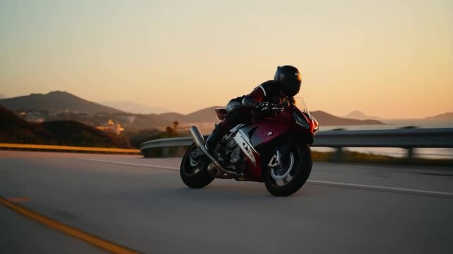 Biker on Sport Motorcycle Leaning into Curve on Coastal Road at Sunset