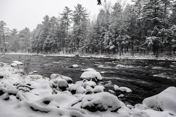 Winter riverscape in park Quebec Canada