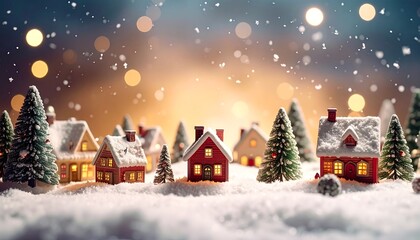 Fototapeta premium Miniature village under a snowfall with illuminated homes and Christmas trees, evoking a festive atmosphere