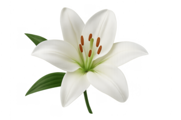 White lily flower blooming with green leaves on transparent background