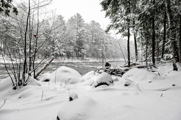 Winter riverscape in park Quebec Canada
