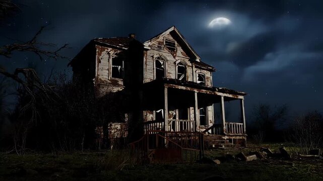 Eerie old house under a bright moon at night in a dark atmosphere