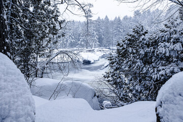 Winter riverscape in park Quebec Canada