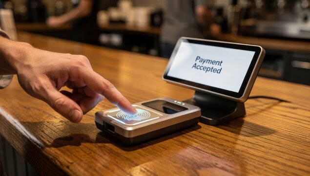 Customer Paying with Fingerprint Scanner at Coffee Shop. Represents fintech, biometric security, cashless payment, technology, and convenience. - Powered by Adobe