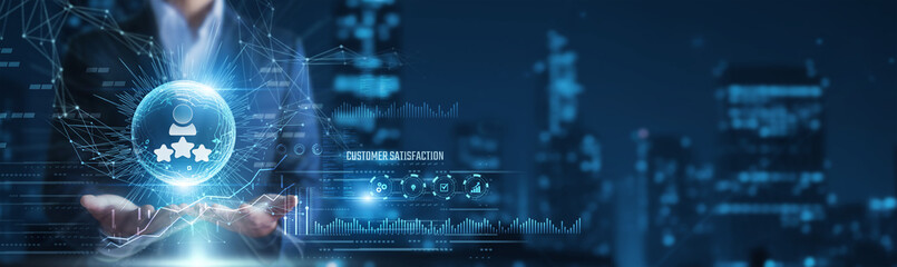 Businessman hands holding customer satisfaction metrics and feedback data, service quality analysis, experience optimization, business success concept