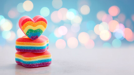 Colorful heart-shaped rainbow candy with sugar crystals stacked on a light surface against a pastel bokeh background
