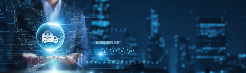 Businessman hands holding logistic management system and supply data, shipment tracking analytics, distribution planning concept © Shevon
