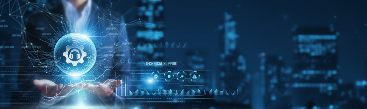 Businessman hands holding technical support interface and service data, IT assistance solutions, customer helpdesk management concept