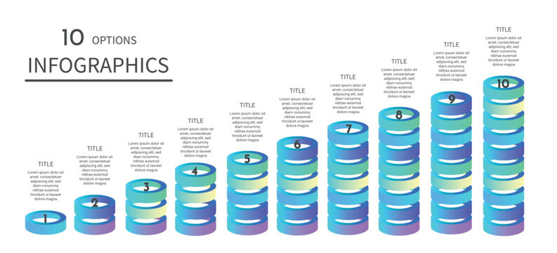 Colorful 3D cylinder infographic with 8 vertical bars numbered from 1 to 10 Each bar increases in height and is topped with a flat icon representing categories such as chart, shield, progress, message