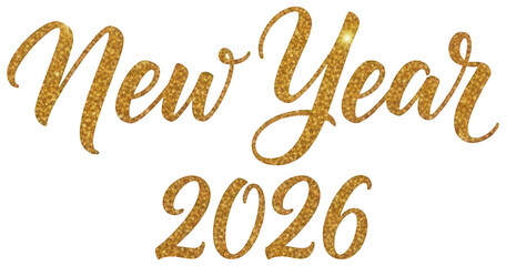 Glittering golden new year 2026 script text overlay on transparent background