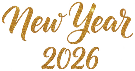 Glittering golden new year 2026 script text overlay on transparent background