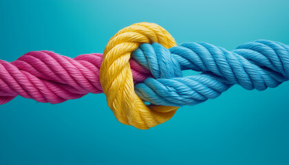 Intertwined ropes in bright colors blue yellow pink create visual metaphor for strong bonds. Unity connection friendship teamwork shown on simple backdrop
