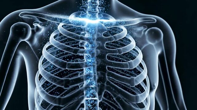 Transparent Human Ribcage and Spine Xray Visualization with Glowing Energy Core Showing Medical Anatomy and Advanced Diagnostic Imaging